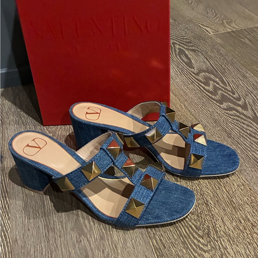 Valentino Blue Denim Heels with Gold Studs